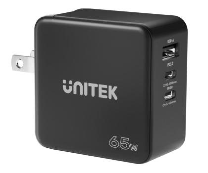 Ładowarka i akumulator UNITEK Ładowarka Sieciowa Travel GAN 2x USB-C 1x USB-A 65W; P1117B